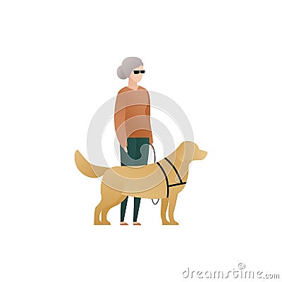 Vector blind character people flat illustration. Pair of old woman walking and guide dog isolated on white background. Modern Cartoon Illustration