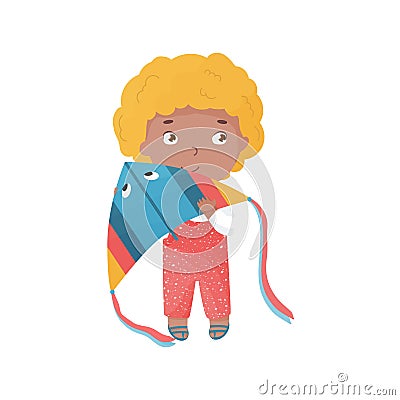 Vector blond haired happy boy with kite. Vector Illustration