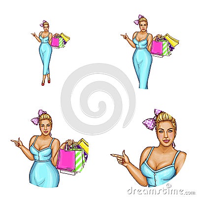 Vector blonde overweight woman avatar, shopping concept Vector Illustration