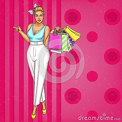 Vector blonde overweight woman after shopping, sales Vector Illustration