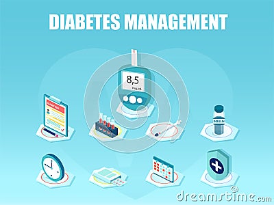 Vector of blood glucose meter, pills, syringe, insulin vial, patient ID card insurance Vector Illustration