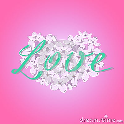 Vector blooming lilac heart with romantic Love text on gradient pink background. Vector Illustration