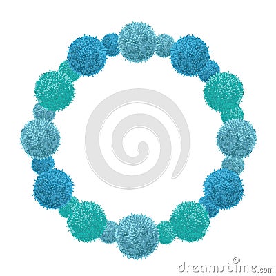 Vector Blue Baby Boy Birthday Party Pom Poms Circle Set and Round Frame. Great for handmade cards, invitations Vector Illustration