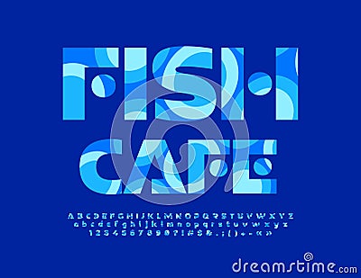 Vector blue banner Fish Cafe. Circle pattern Alphabet Letters, Numbers and Symbols. Creative unique Font Stock Photo