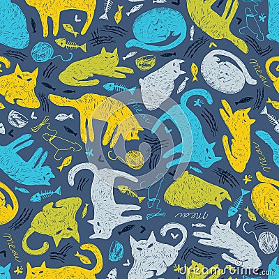 Vector blue colourful mystery cat pen sketch seamless pattern. Perfect for fabric, scrapbooking and wallpaper projects. Vector Illustration