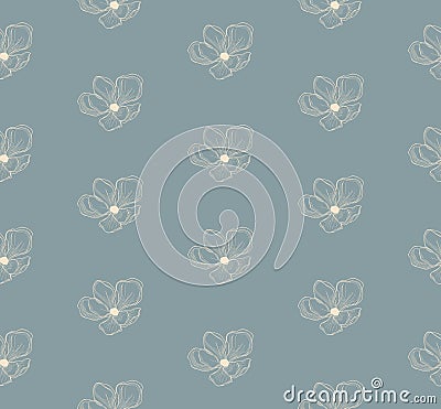 Vector Blue Seamless Pattern with Drawn Cherry Flowers Vector Illustration