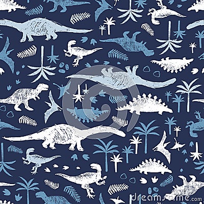 Vector blue dinosaur sketch repeat pattern. Perfect for textile, giftwrap and wallpaper. Vector Illustration