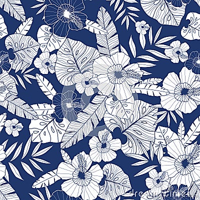 Vector blue drawing tropical summer hawaiian seamless pattern with tropical plants, leaves, and hibiscus flowers. Great Vector Illustration