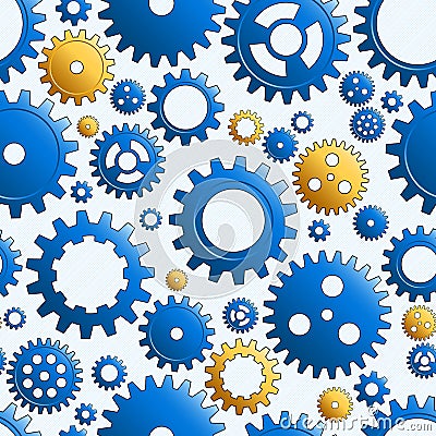 Vector Blue And Gold Mechanical Cogwheel Seamless Pattern. Gear And Cog Site Background. Collection Of Clockwork Gear Wheels Vector Illustration