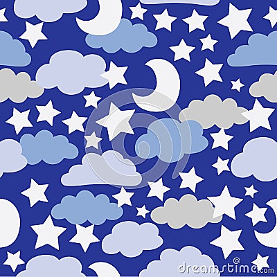 Vector Blue and Grey clouds with White stars, seamless clouds pattern background Vector Illustration
