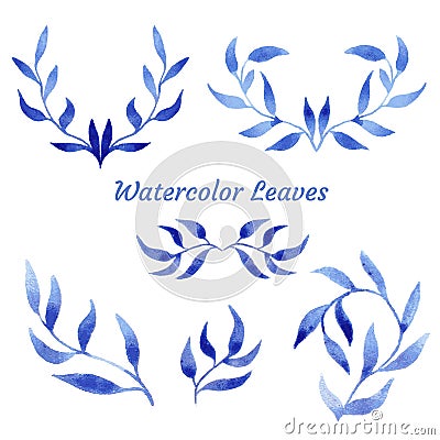 Vector blue gzhel watercolor leaf pattern template Vector Illustration