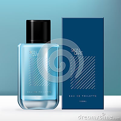 Vector Blue & Holographic Men Fragrance Glass Bottle Packaging Set Vector Illustration