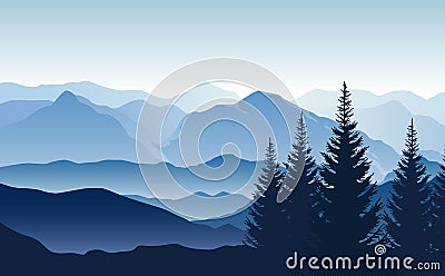 Vector blue landscape with silhouettes of misty mountains and hills and trees Vector Illustration