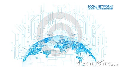 Vector background. Light blue map of planet Earth with social icons. Global Internet. Technology and telecommunications. Vector Illustration