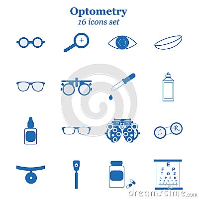 Vector blue optometry icon set. Optician, ophtalmology, vision correction, eye test, eye care, eye diagnostic Vector Illustration