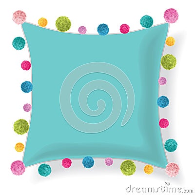 Vector Blue Pillow Decorated With Colorful Decorative Pompoms. Editable Template Design. Vector Illustration