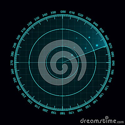 Vector blue radar screen. Military search system. Futuristic HUD radar display. Futuristic HUD interface. Stock Photo