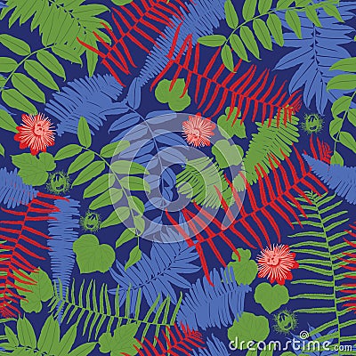 Vector blue, red and green seamless pattern with ferns, leaves and wild flower. Suitable for textile, gift wrap and wallpaper Stock Photo