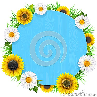 Vector Blue Round Wooden Frame with Flowers Vector Illustration