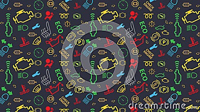 Vector blue seamless pattern. Car dashboard icons texture. Repeating dtc code signs. Coloured, irregular, check engine big sign. Vector Illustration