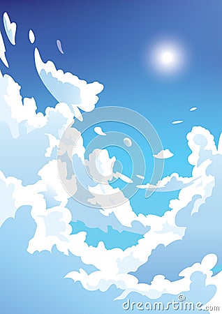 Vertical vector blue sky with clouds. Anime style. Stock Photo