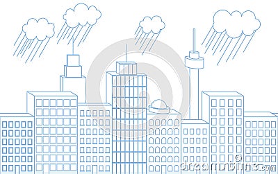 Vector blue thin line seamless 3D illustration of big city isolated on white background with raining clouds. Vector Illustration