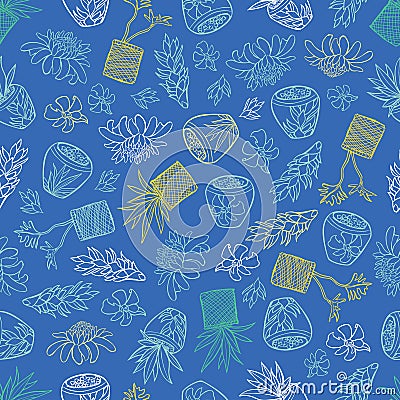 Vector blue tropical pattern with ginger flowers, basket plants and bali style ceramic pots. Perfect for fabric, scrapbooking, Stock Photo