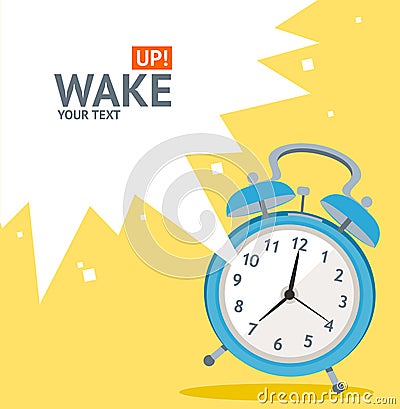 Vector blue wakeup clock card. Flat Design Vector Illustration