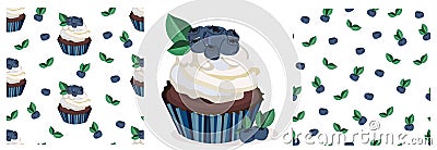 Vector blueberry cupcake of muffin or cake,berries and leaves and patterns. Beatiful dessert print, clip art, elements. Tasty col Vector Illustration