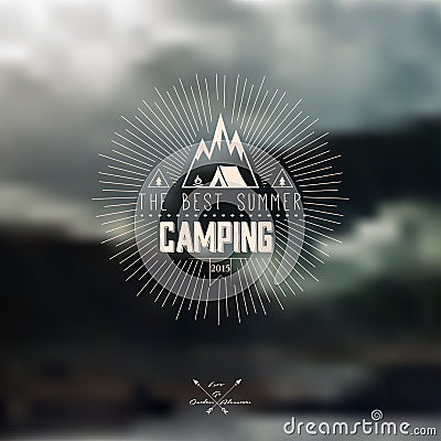 Vector blurred landscape background with summer camping badge Vector Illustration