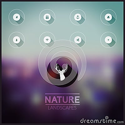 Vector blurred natural landscape. Icons (long shadow) on blurry Vector Illustration