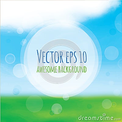 Vector blurry green field and blue sky background. Cartoon Illustration