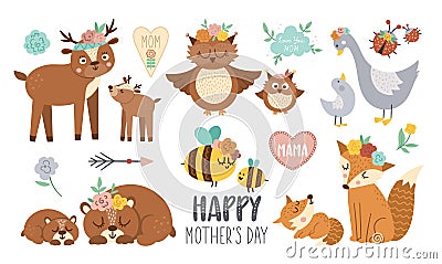 Vector boho baby animals with parents. Funny woodland animal scenes showing family love. Cute Mothers Day design elements Vector Illustration