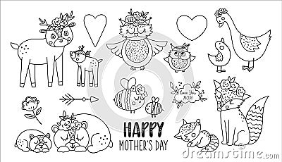 Vector boho baby animals with parents. Funny woodland animal scenes showing family love. Cute Mothers Day design elements Vector Illustration