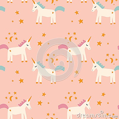 Vector boho baby unicorn seamless pattern, girl party horse, fairytale pony background, princess wall paper Stock Photo