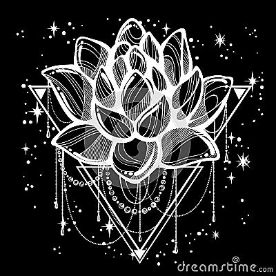 Vector boho style outline trendy illustration isolated. Lotus flower on sacred geometry and a scattering of stars. Tattoo art. Vector Illustration