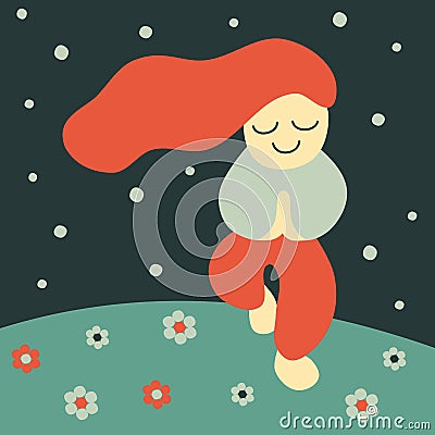 Vector flat style illustration of a happy yoga girl meditating under the stars Vector Illustration