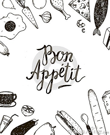 Vector Bon Appetit graphic poster with food Vector Illustration