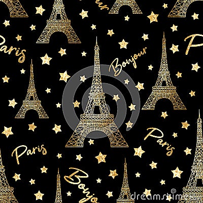 Bonjour Paris seamless pattern with gold glitter stars and Eiffel Tower. France symbol on black background Vector Illustration