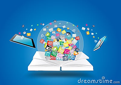 Vector book with mobile phones and tablet computer Vector Illustration