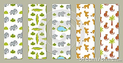 Vector bookmarks set with cute African animals. Crocodiles, elephants, monkeys, leopards Vector Illustration