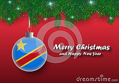 Vector border of Christmas tree branches and ball with democratic republic congo flag. Merry christmas and happy new year. Vector Illustration