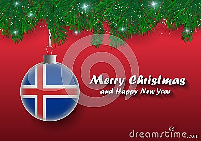 Vector border of Christmas tree branches and ball with iceland f Vector Illustration