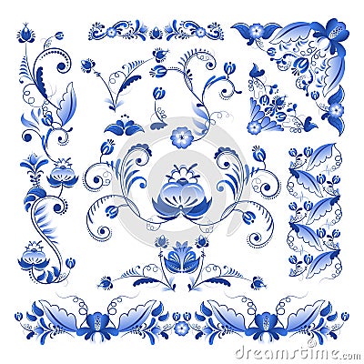 Vector borders, corners and other floral elements in Gzhel style Vector Illustration