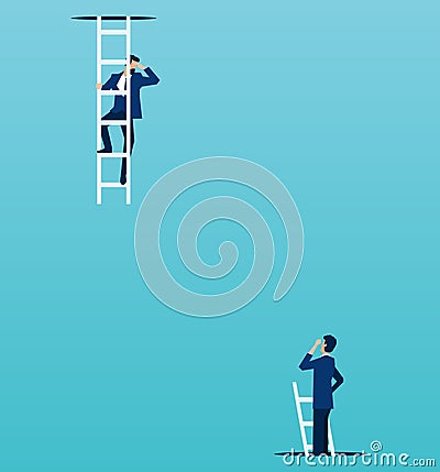 Vector of boss looking down from a top to a employee climbing up from under the floor Vector Illustration