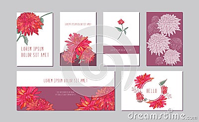 Vector botanical horizontal, vertical banners set with pink peony,aster flowers. Romantic design for natural cosmetics Vector Illustration