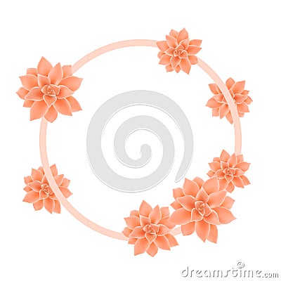 Vector botanical round empty frame with coral color flowers Graptopetalum. Template isolated on white color. Poster Design for Vector Illustration