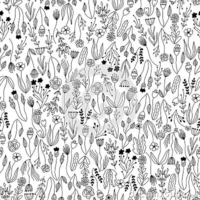 Vector botanical seamless pattern with floral and herbal elements. ink vector plants, branches and flowers repeating tile. Vector Illustration