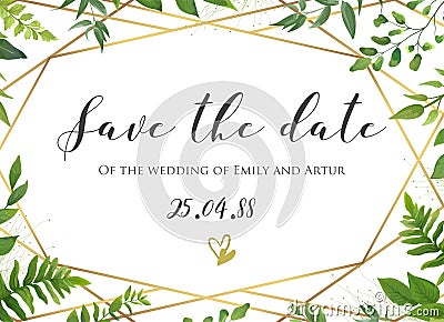 Vector botanical Wedding floral save the date, invite card elegant, modern design with natural forest green fern leaves, greenery Vector Illustration