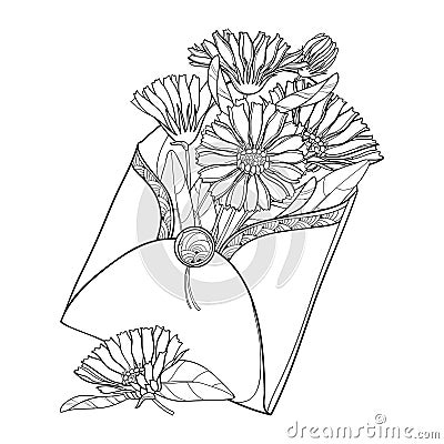 Vector bouquet of outline Calendula officinalis or marigold, bud, leaf and flower in craft envelope in black isolated on white. Vector Illustration